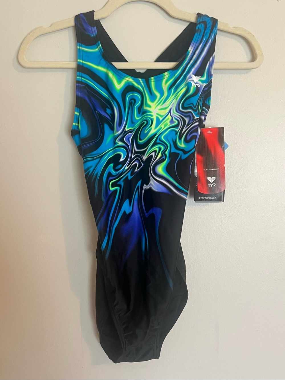 TYR Neon Swirl Performance One-Piece - Blue/Green/Black